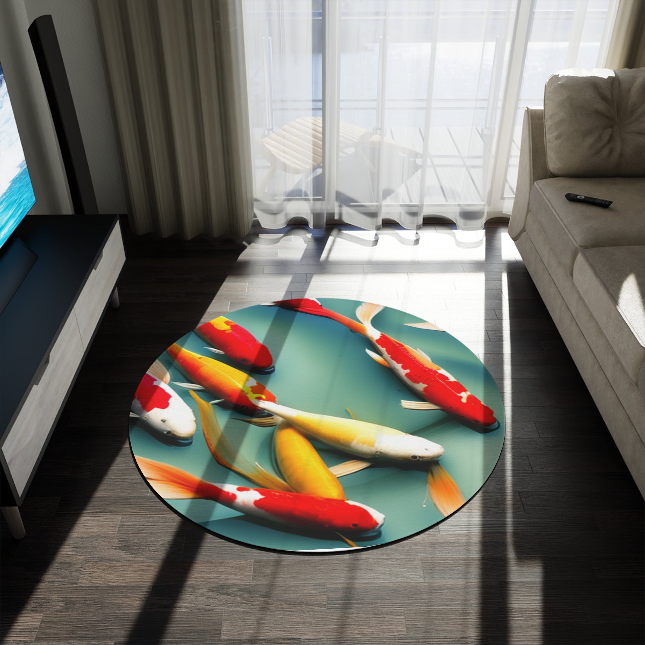 A vibrant Koi Fish Round Rug featuring colorful koi designs on a soft polyester chenille surface, perfect for home decor.