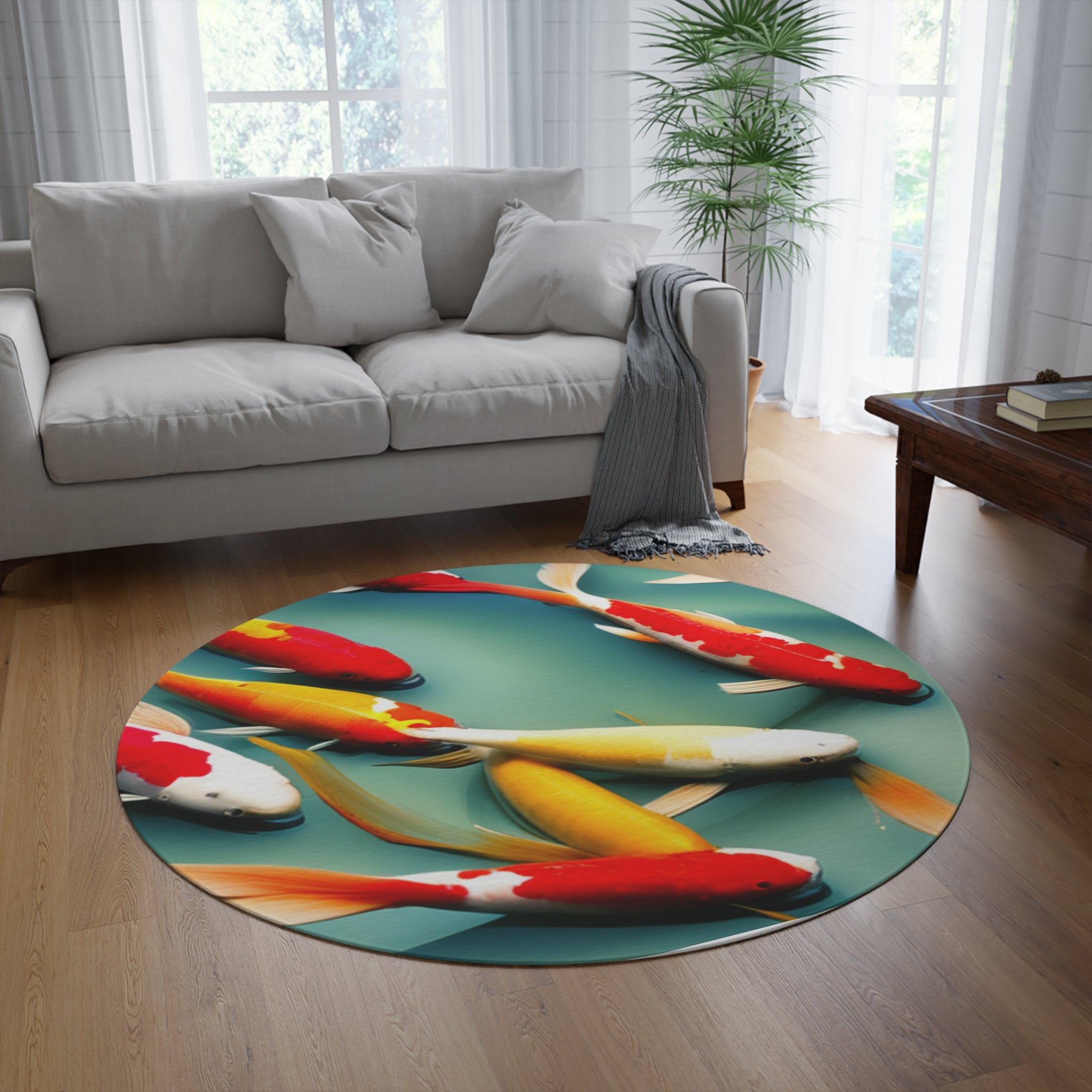 A vibrant Koi Fish Round Rug featuring colorful koi designs on a soft polyester chenille surface, perfect for home decor.