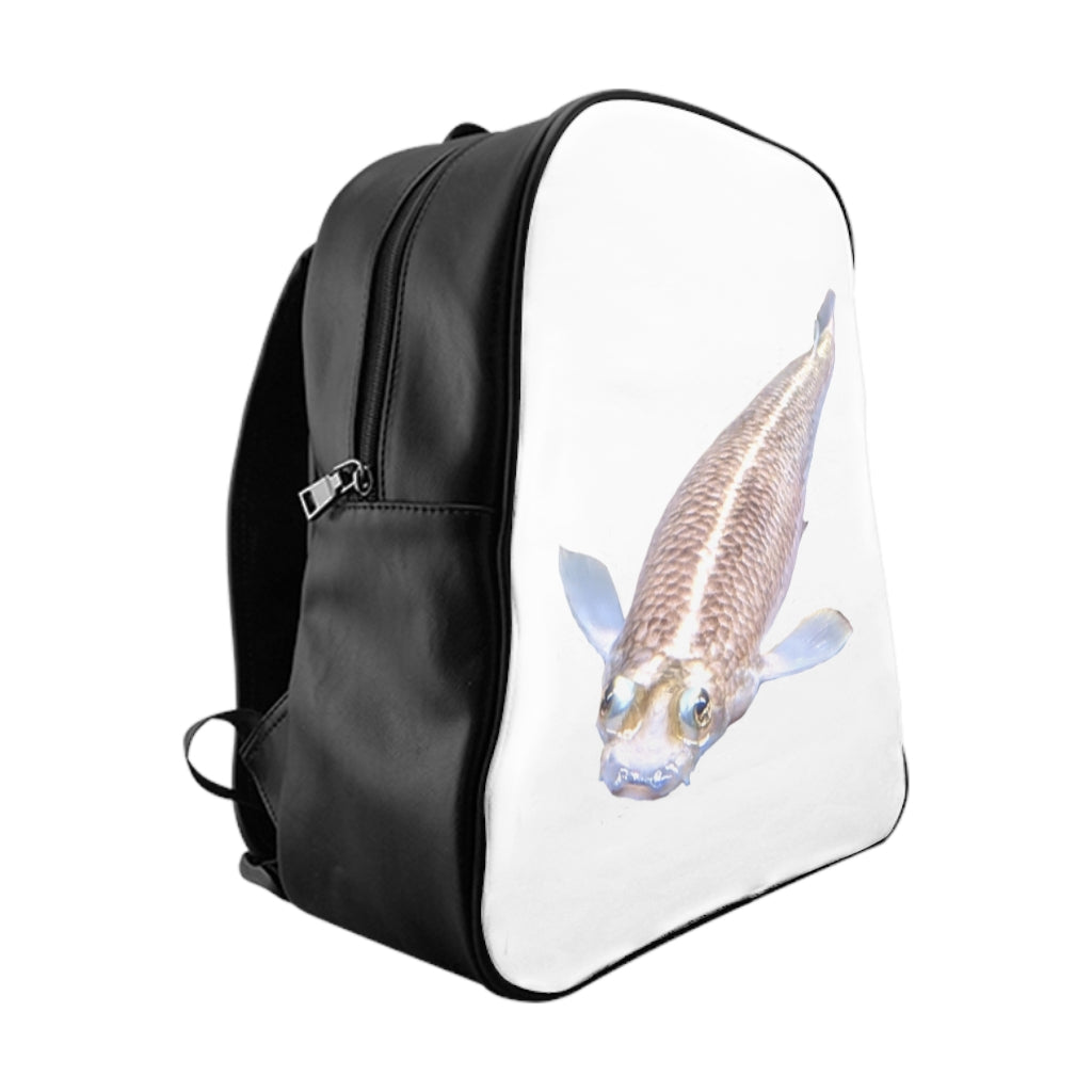 Koi Fish School Backpack featuring a vibrant koi fish print on durable PU leather with chocolate brown lining.