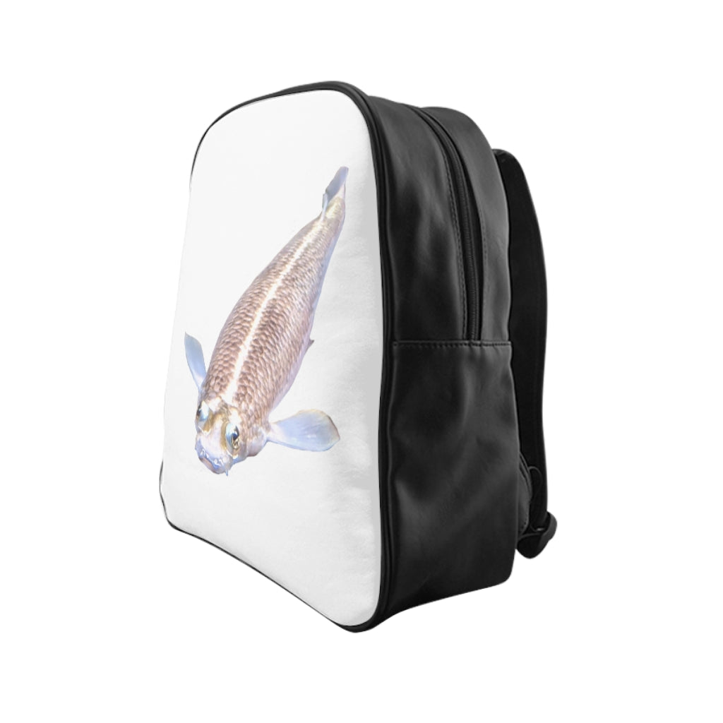 Koi Fish School Backpack featuring a vibrant koi fish print on durable PU leather with chocolate brown lining.