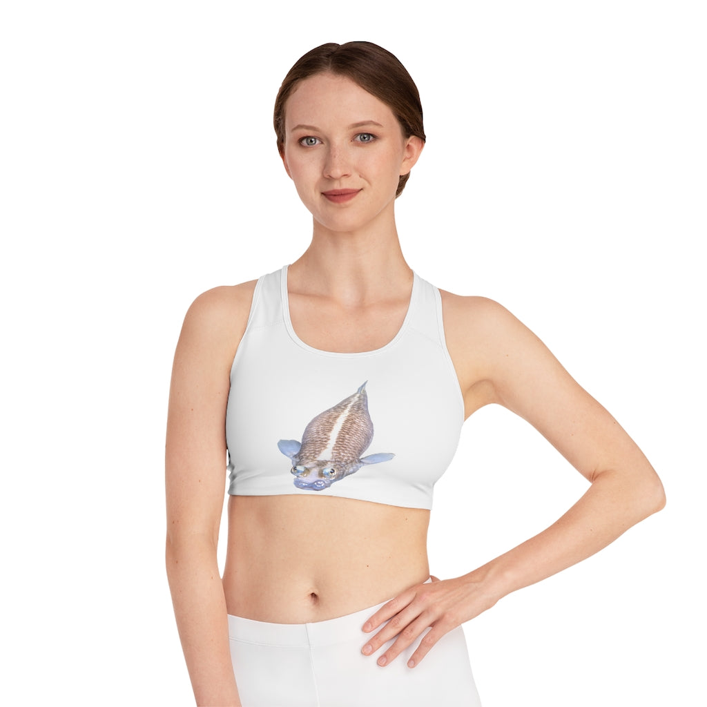 Koi Fish Sports Bra featuring a vibrant all-over-print design, perfect for active women seeking style and support.