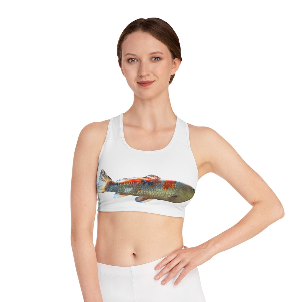 Koi Fish Sports Bra featuring a vibrant all-over-print design, showcasing a stylish and comfortable fit for active women.