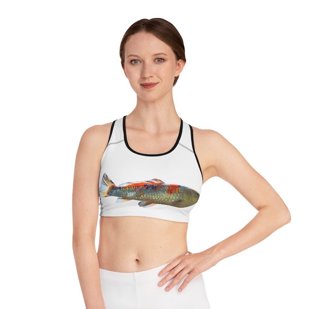 Koi Fish Sports Bra featuring a vibrant all-over-print design, showcasing a stylish and comfortable fit for active women.