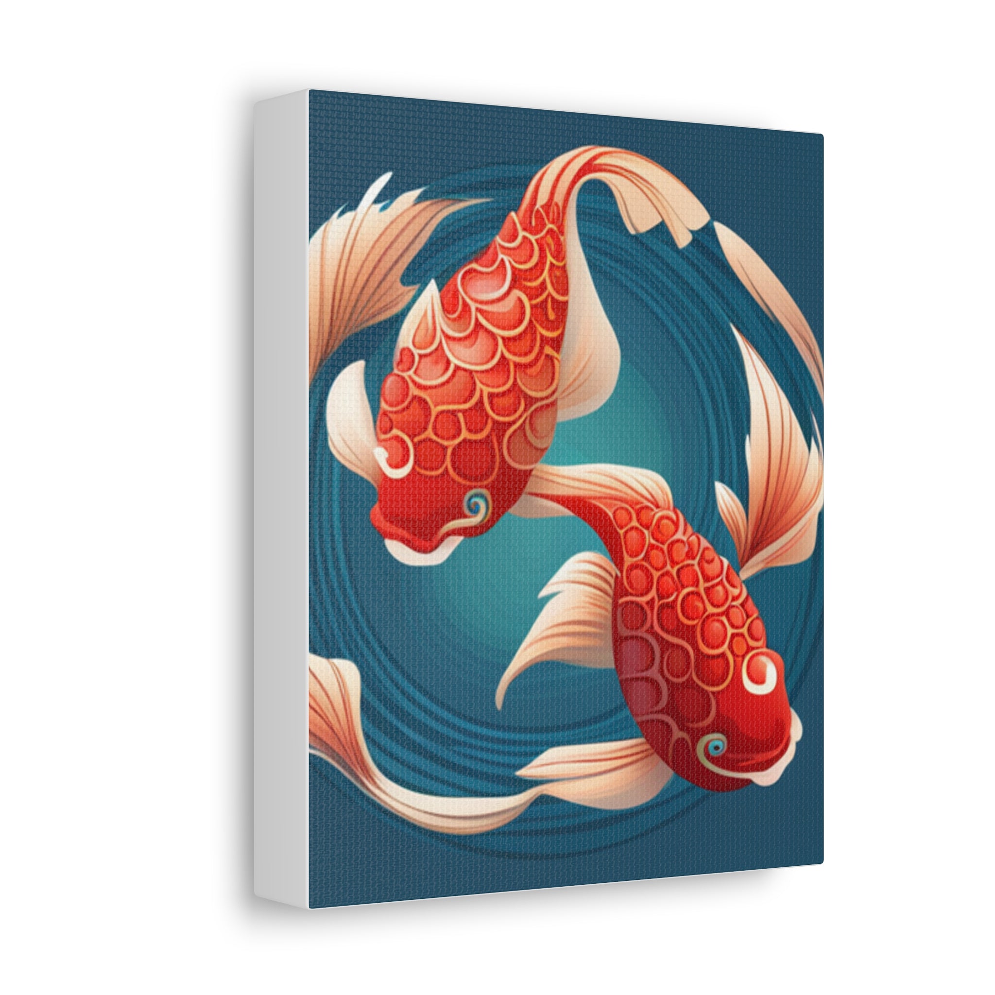 A vibrant Koi fish design on a stretched canvas, showcasing intricate details and colors, perfect for indoor decoration.