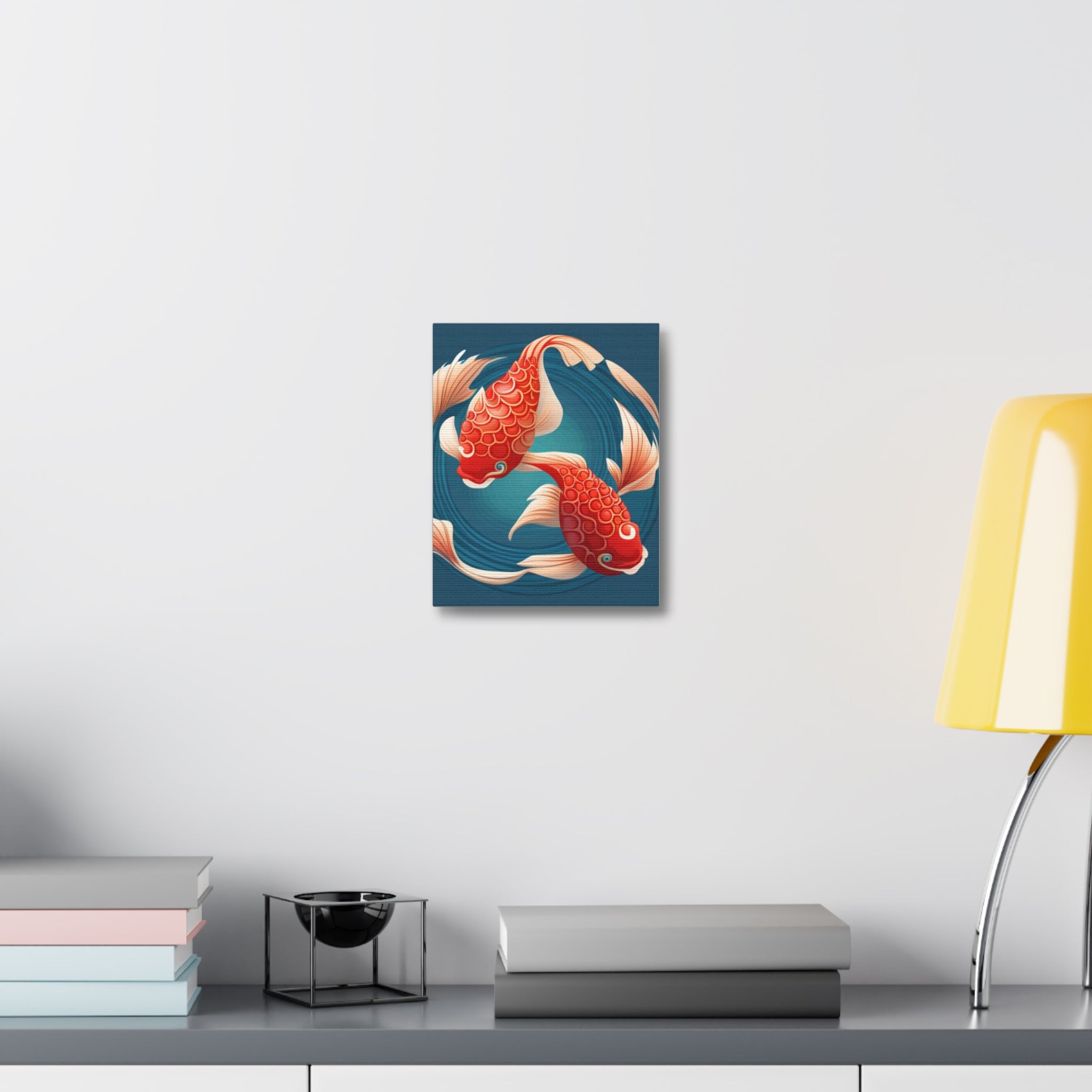 A vibrant Koi fish design on a stretched canvas, showcasing intricate details and colors, perfect for indoor decoration.