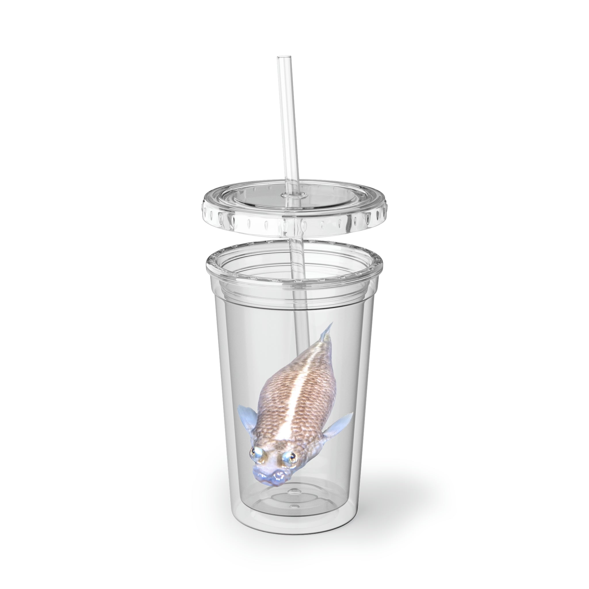 Koi Fish Suave Acrylic Cup with vibrant artwork, double-wall insulation, and a straw, perfect for hot and cold beverages.