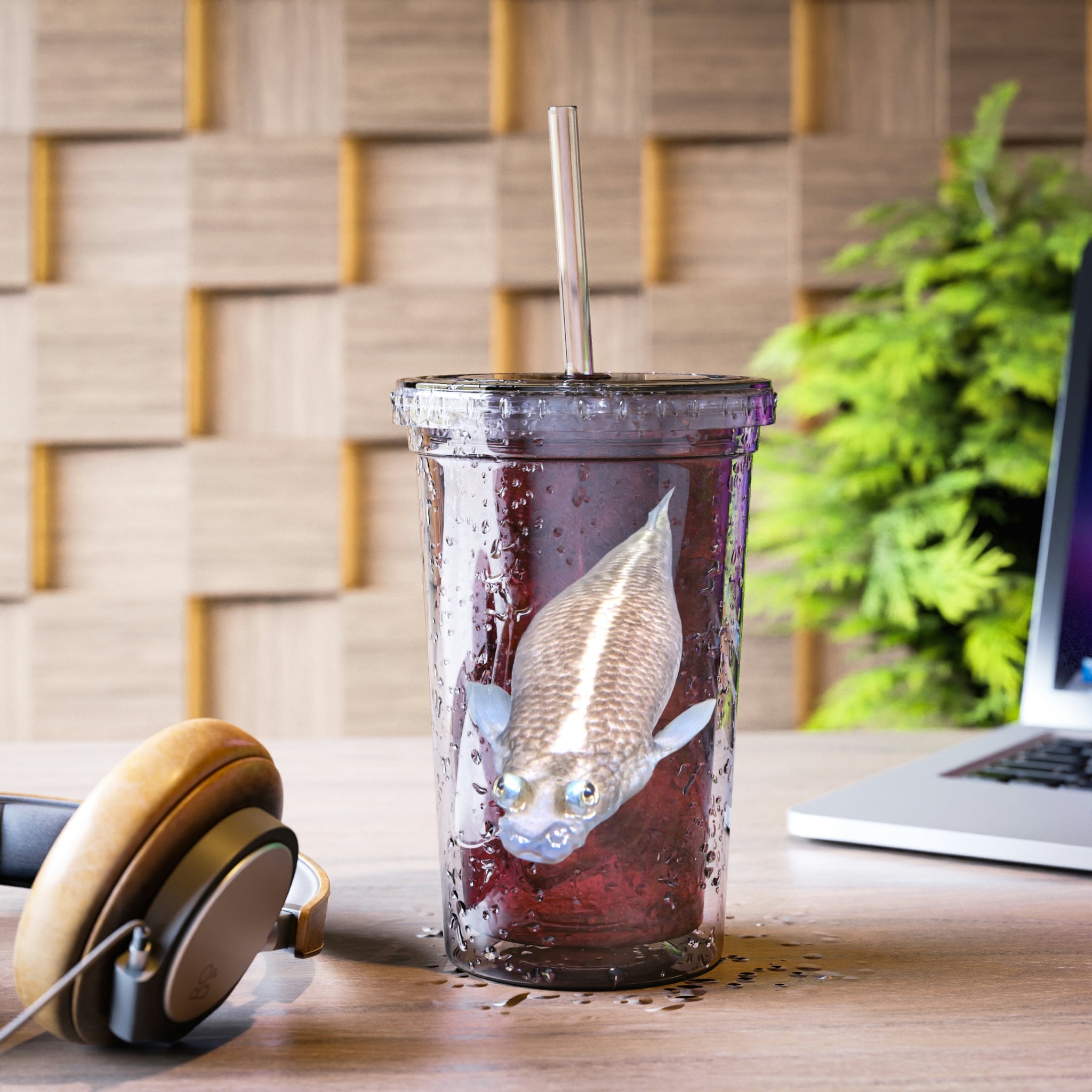 Koi Fish Suave Acrylic Cup with vibrant artwork, double-wall insulation, and a straw, perfect for hot and cold beverages.