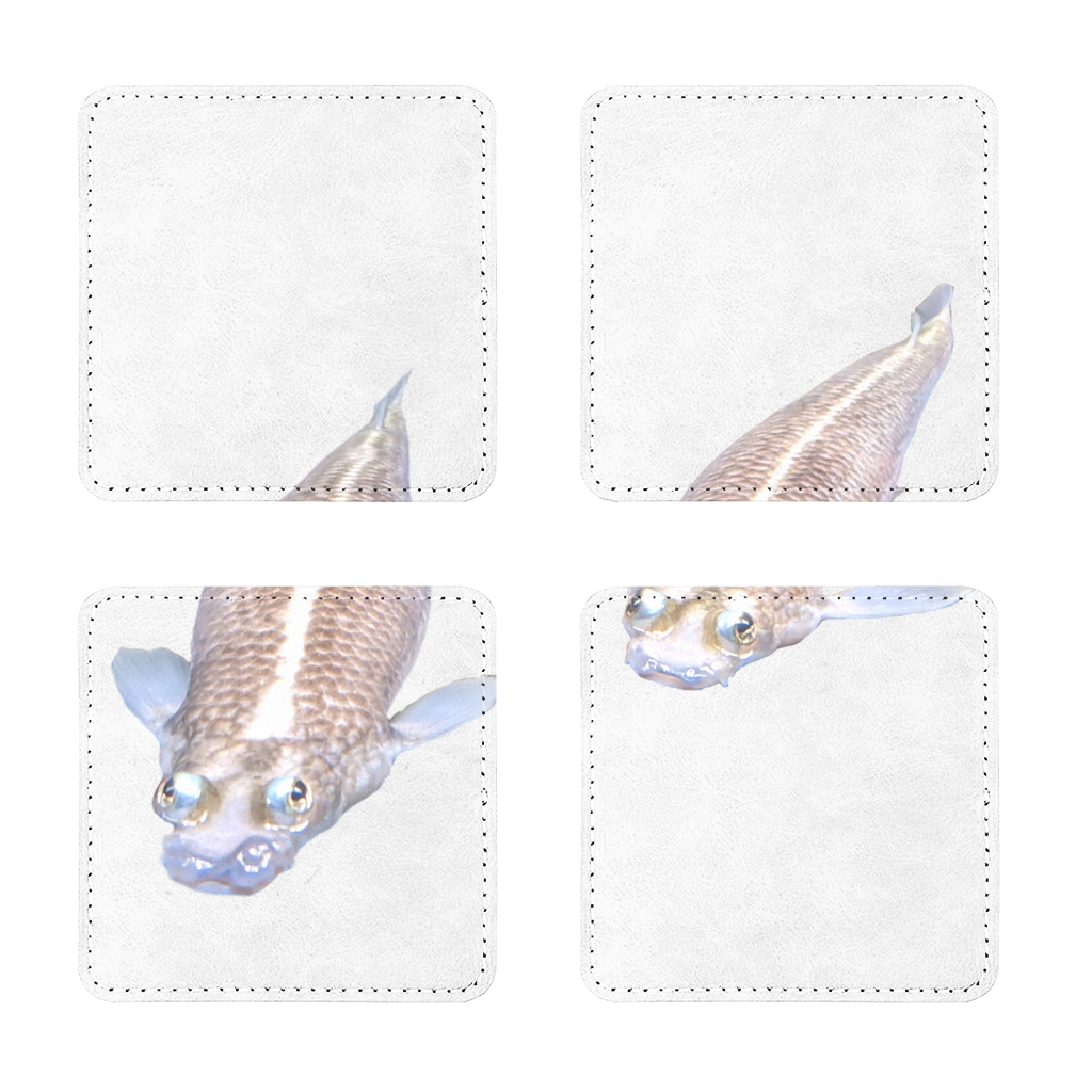 A pack of four Koi Fish sublimation coasters made from PU leather, featuring a stylish design with white stitching and a plain back.