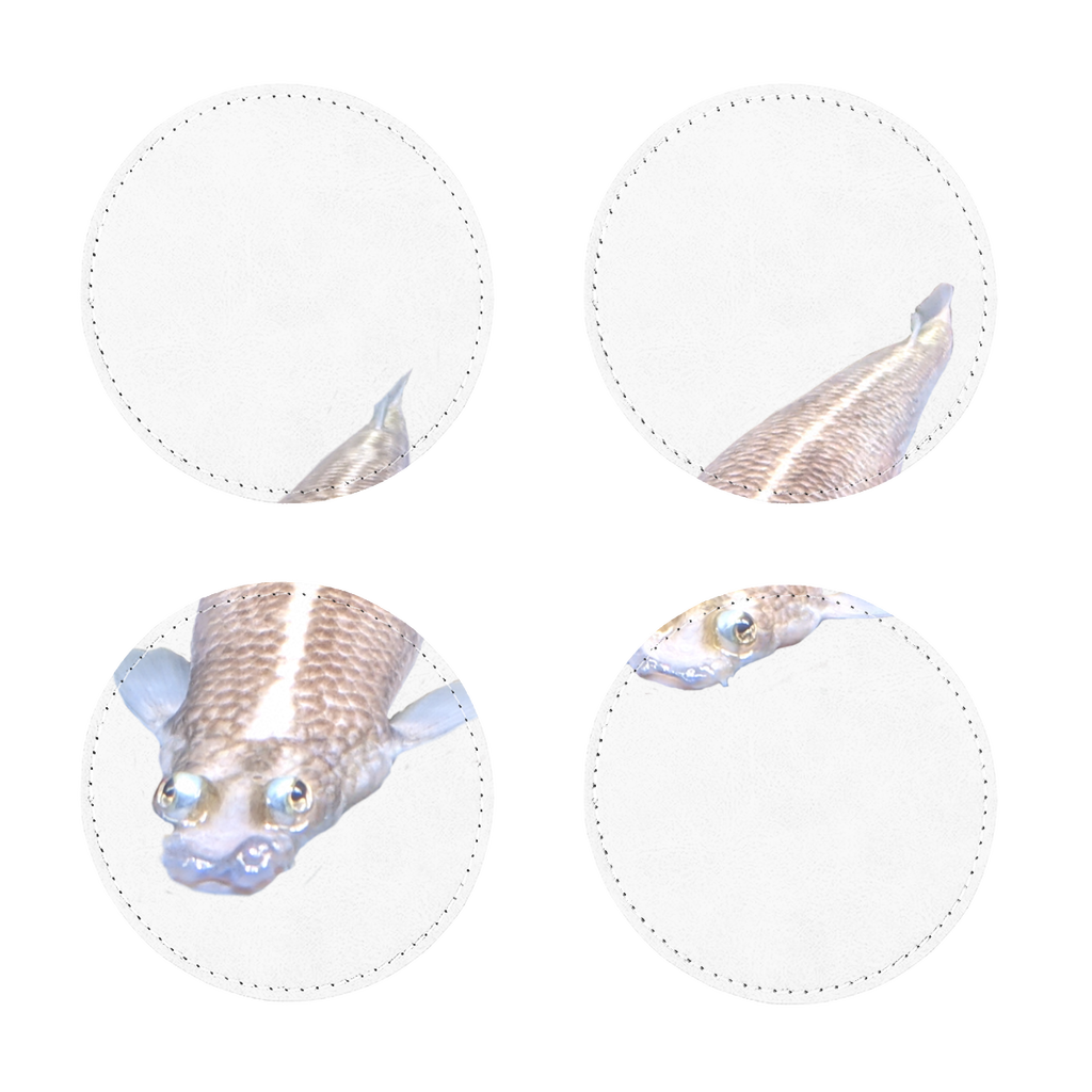 A pack of four Koi Fish sublimation coasters made from PU leather, featuring a stylish design with white stitching and a plain back.