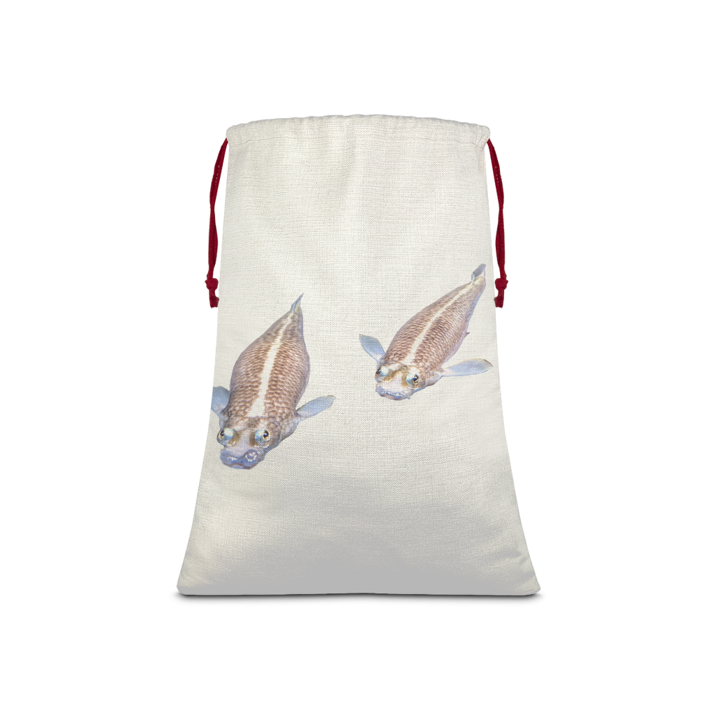 Koi Fish Sublimation Linen Drawstring Sack with red drawstring, featuring vibrant Koi fish design, ideal for Christmas gifts and laundry.