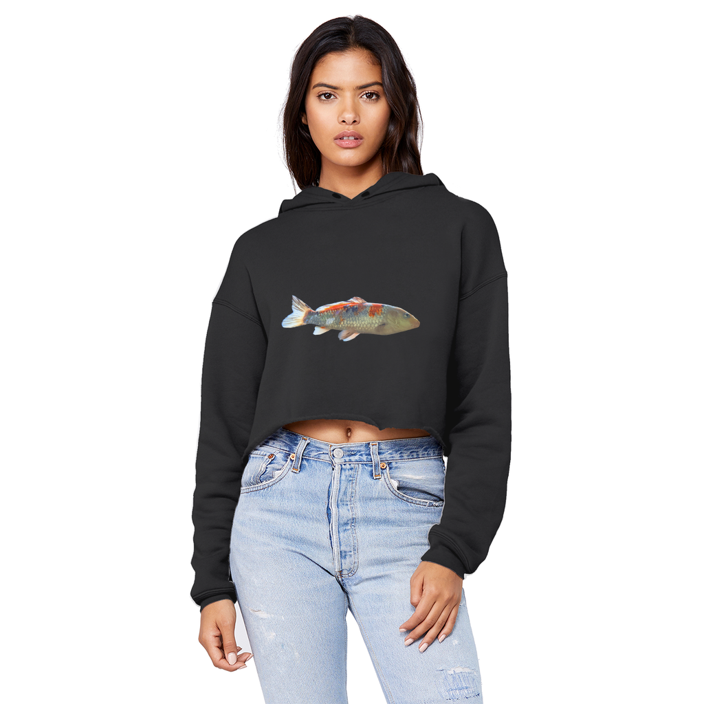 Koi Fish Unisex Cropped Raw Edge Boyfriend Hoodie featuring a unique design, soft fabric, and stylish cropped fit.