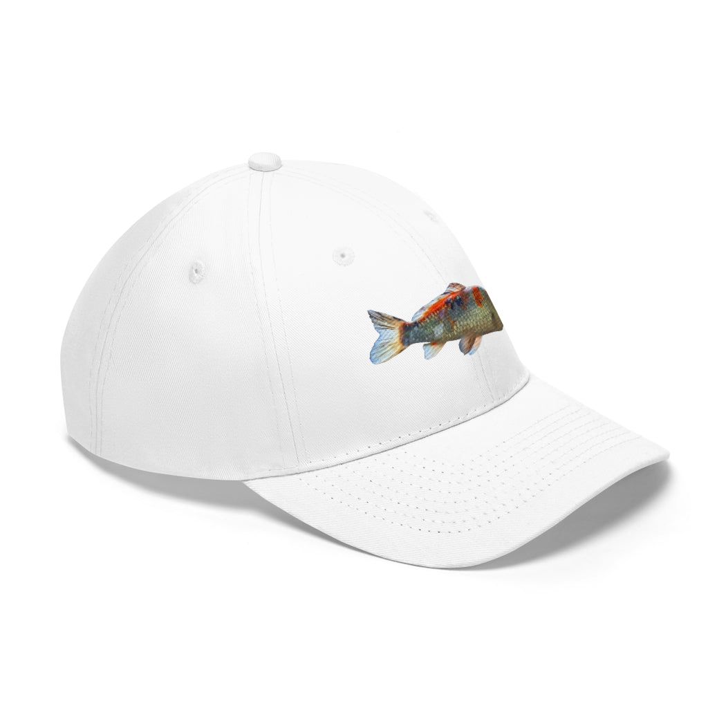 Koi Fish Unisex Twill Hat featuring a stylish koi fish design, made from durable 100% cotton twill with an adjustable Velcro closure.