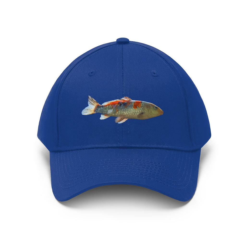 Koi Fish Unisex Twill Hat featuring a stylish koi fish design, made from durable 100% cotton twill with an adjustable Velcro closure.