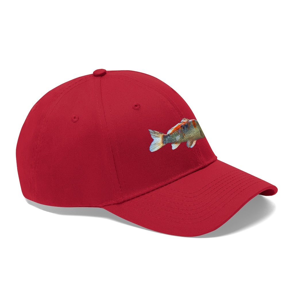 Koi Fish Unisex Twill Hat featuring a stylish koi fish design, made from durable 100% cotton twill with an adjustable Velcro closure.