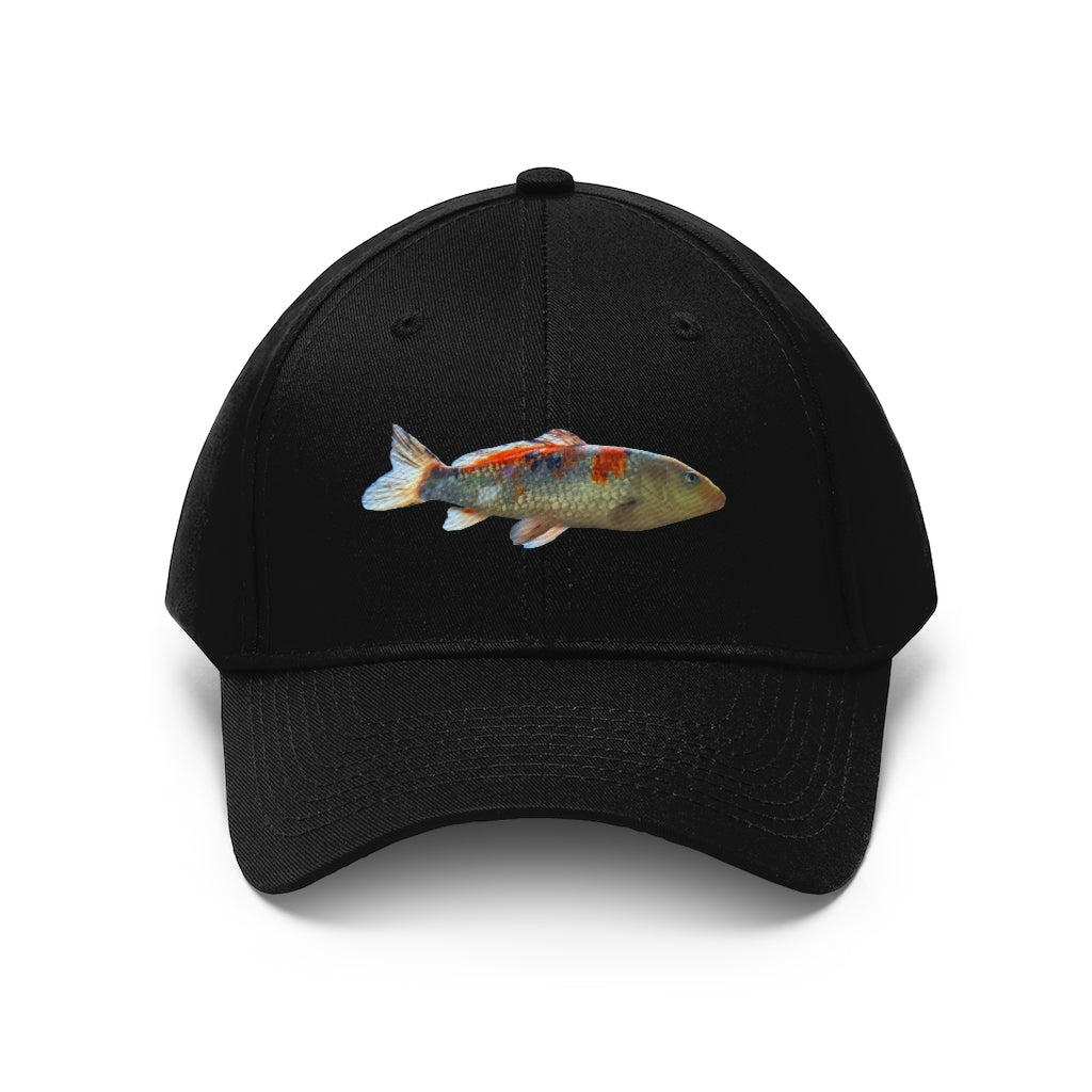 Koi Fish Unisex Twill Hat featuring a stylish koi fish design, made from durable 100% cotton twill with an adjustable Velcro closure.