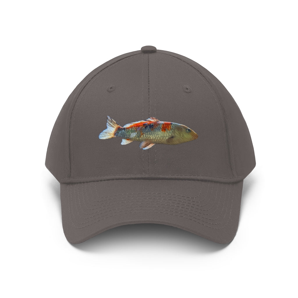 Koi Fish Unisex Twill Hat featuring a stylish koi fish design, made from durable 100% cotton twill with an adjustable Velcro closure.