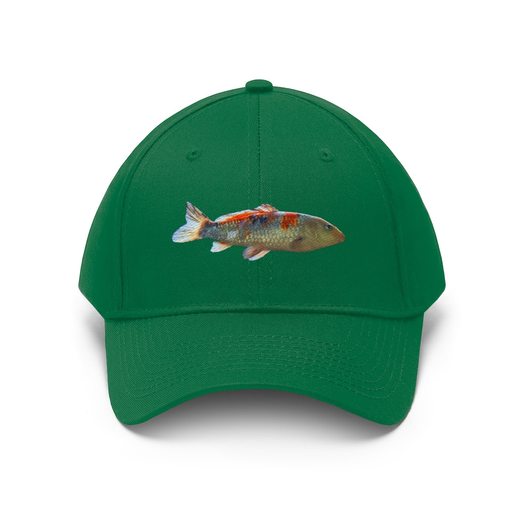 Koi Fish Unisex Twill Hat featuring a stylish koi fish design, made from durable 100% cotton twill with an adjustable Velcro closure.