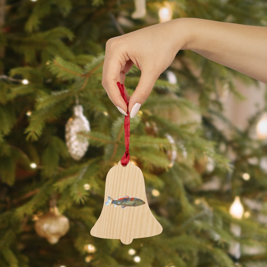 Koi Fish Wooden Christmas Ornaments in various whimsical shapes with red ribbons, showcasing rustic charm and magnetic backs.