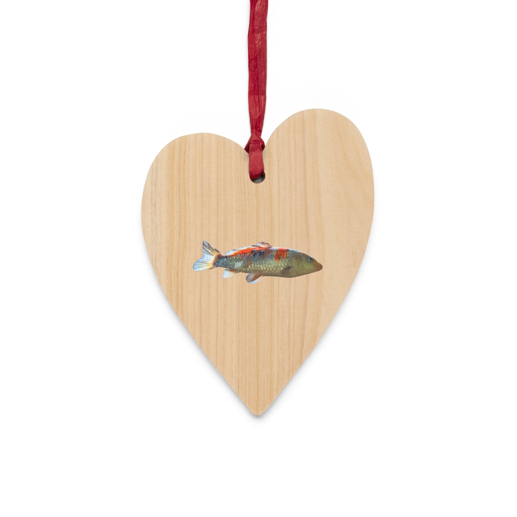 Koi Fish Wooden Christmas Ornaments in various whimsical shapes with red ribbons, showcasing rustic charm and magnetic backs.