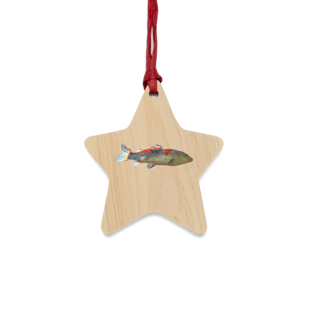 Koi Fish Wooden Christmas Ornaments in various whimsical shapes with red ribbons, showcasing rustic charm and magnetic backs.