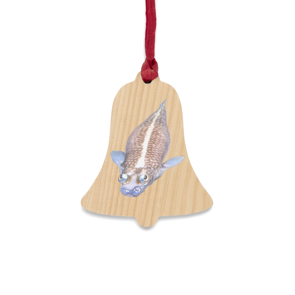 Koi Fish Wooden Christmas Ornaments with red ribbons, showcasing various whimsical shapes on a festive background.