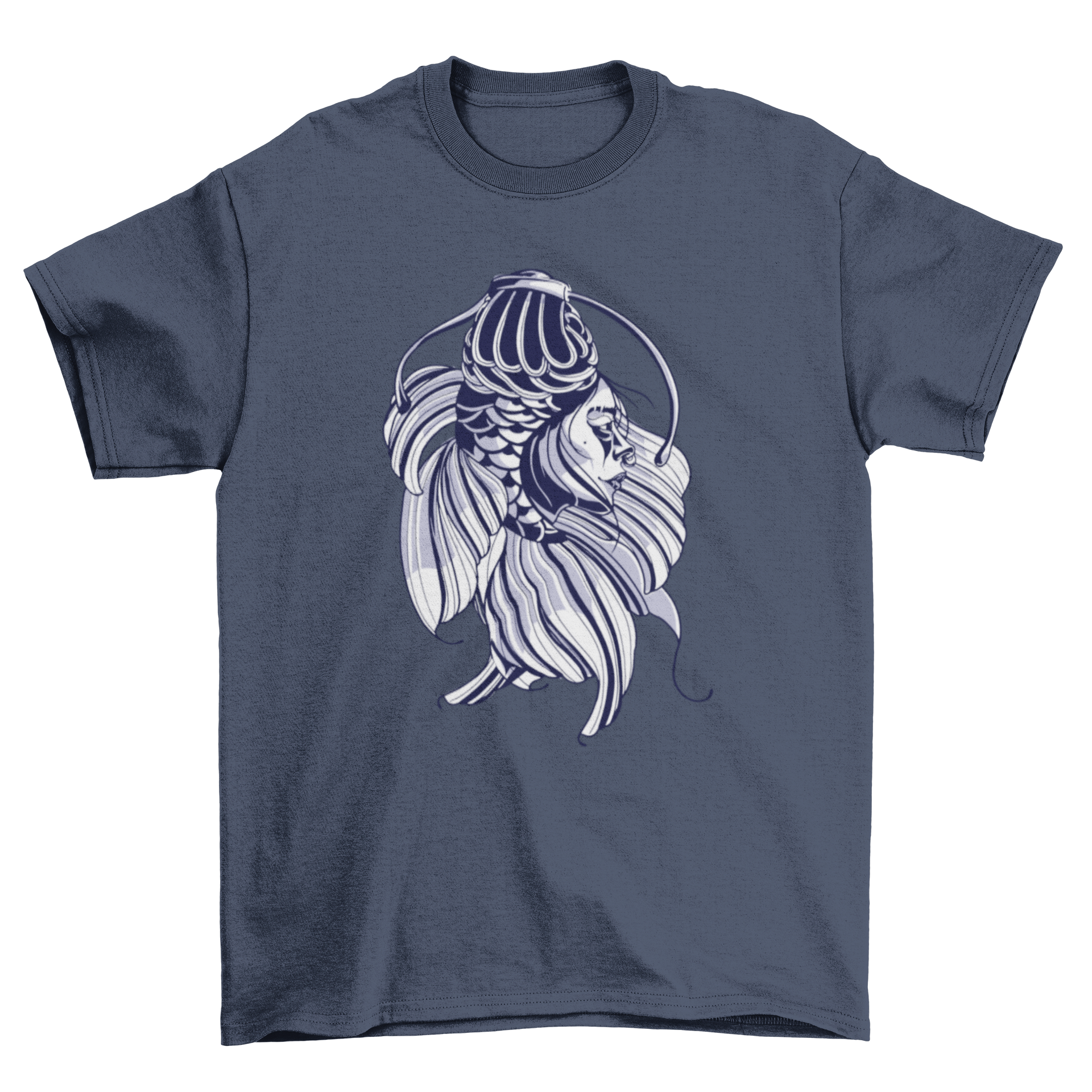 A stylish t-shirt featuring a beautiful koi fish woman design, showcasing vibrant colors and intricate details.