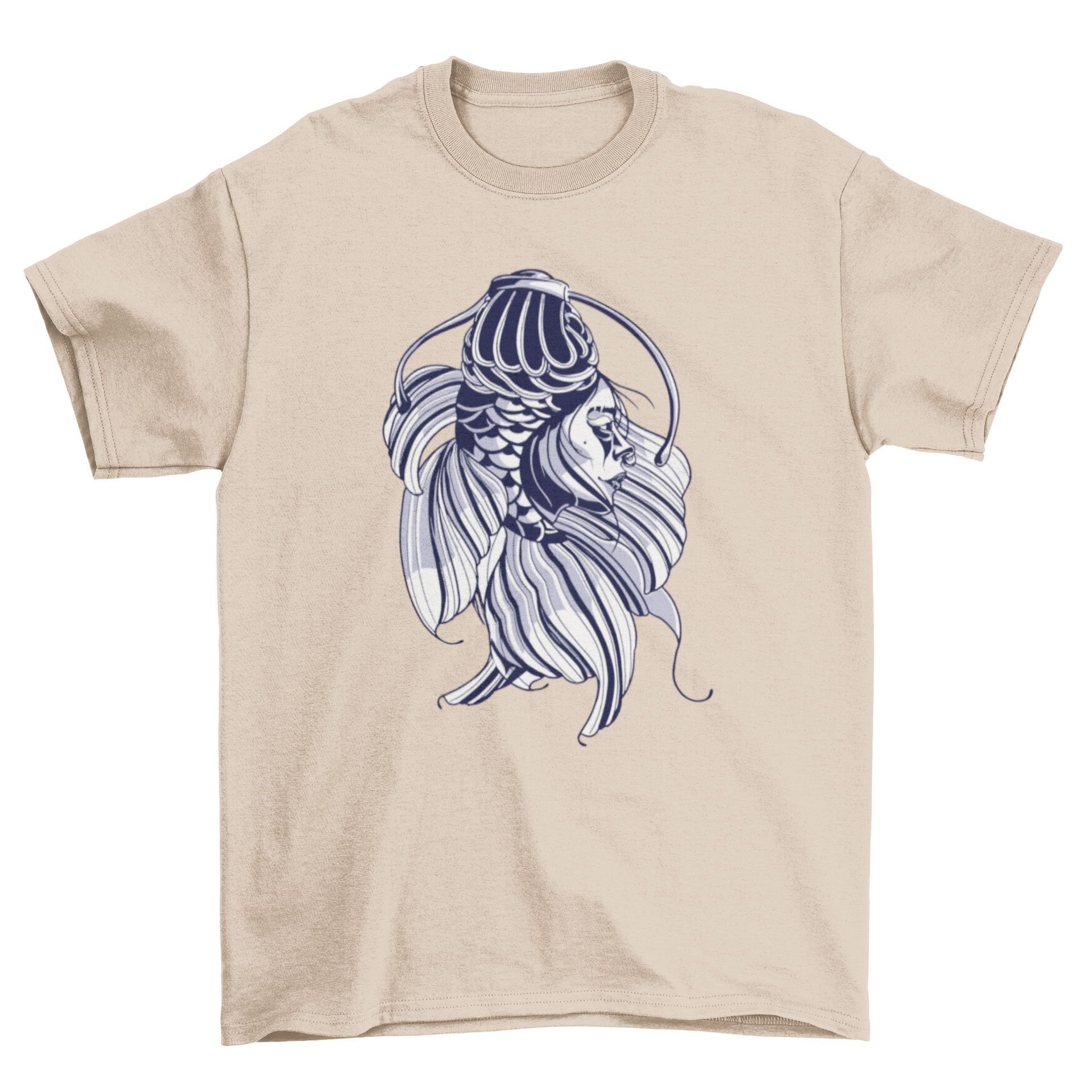 A stylish t-shirt featuring a beautiful koi fish woman design, showcasing vibrant colors and intricate details.