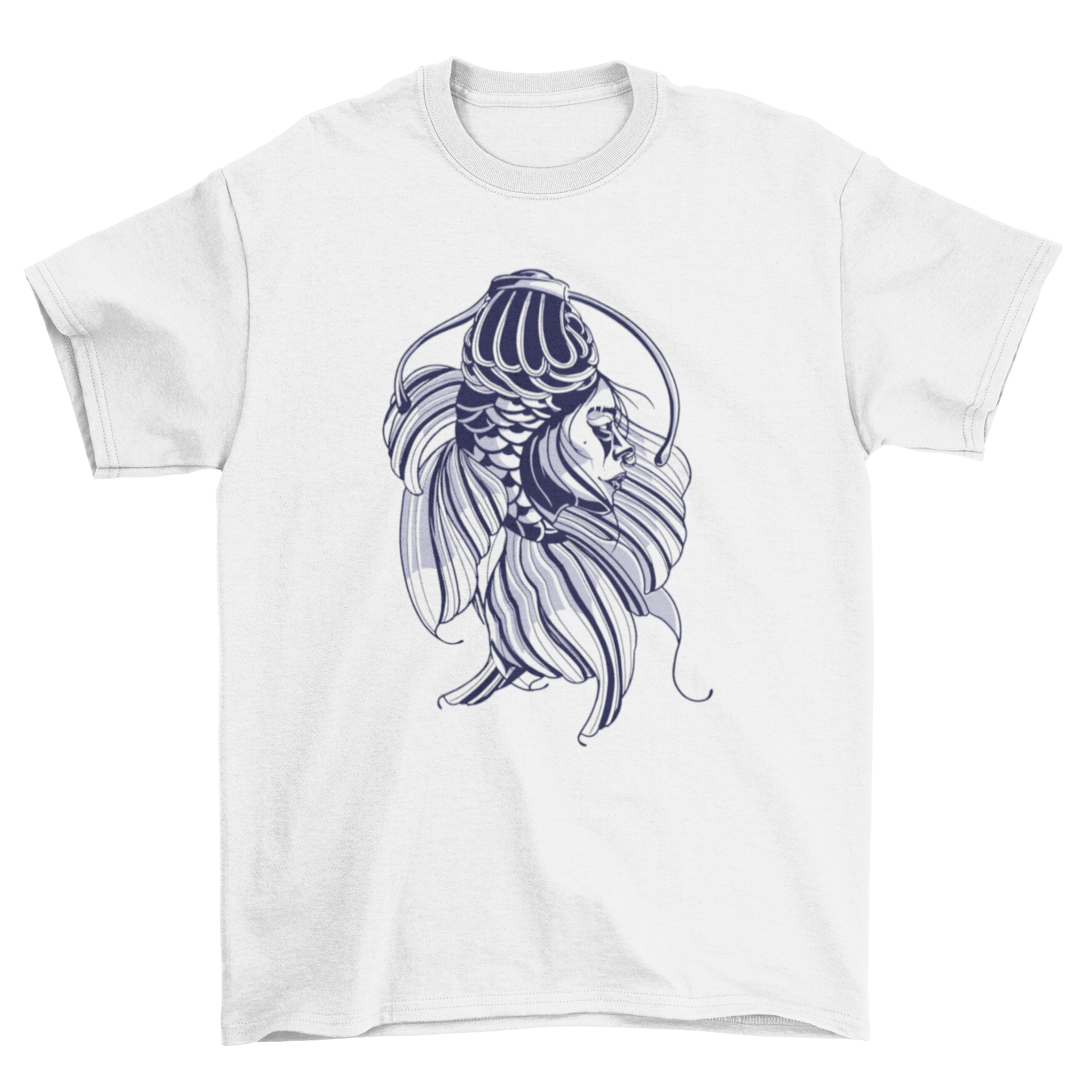 A stylish t-shirt featuring a beautiful koi fish woman design, showcasing vibrant colors and intricate details.