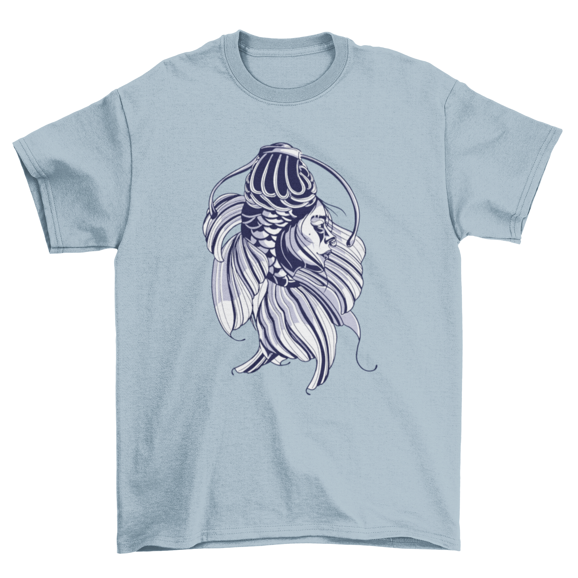 A stylish t-shirt featuring a beautiful koi fish woman design, showcasing vibrant colors and intricate details.