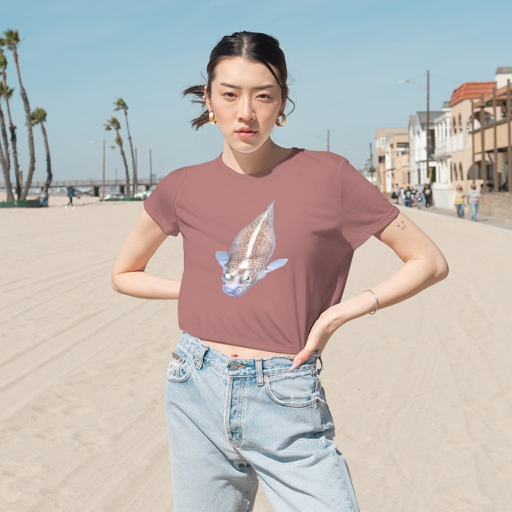 Koi Fish Women's Flowy Cropped Tee featuring a soft fabric blend and stylish design.