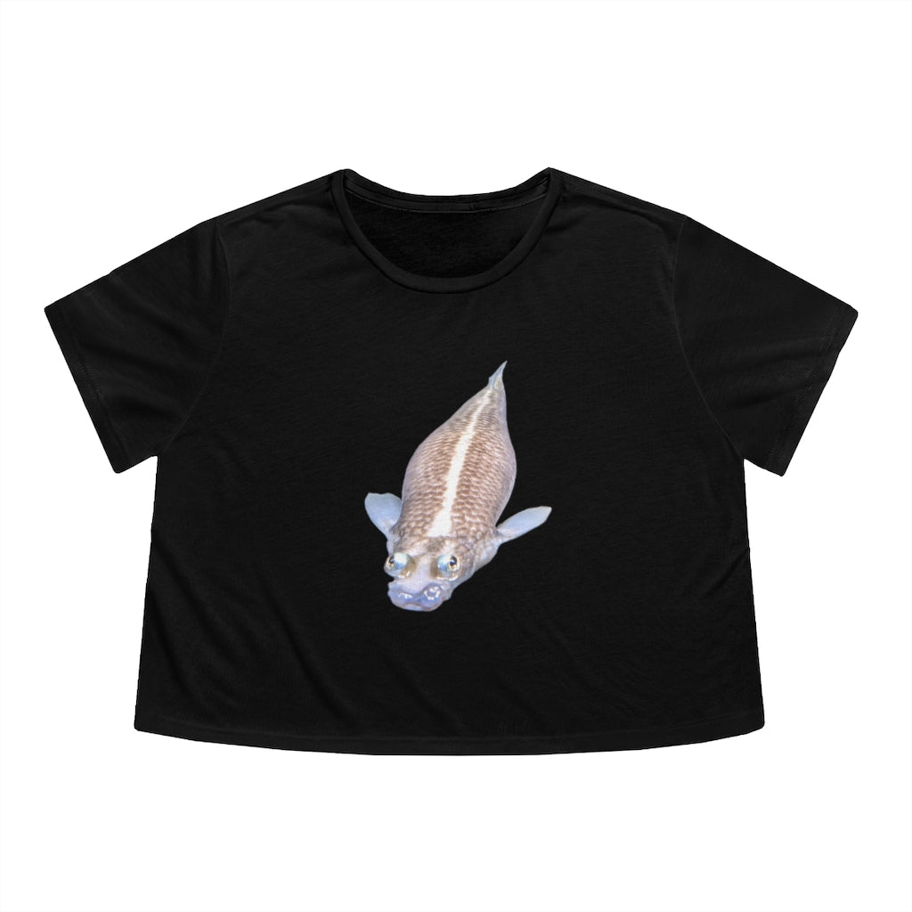 Koi Fish Women's Flowy Cropped Tee featuring a soft fabric blend and stylish design.