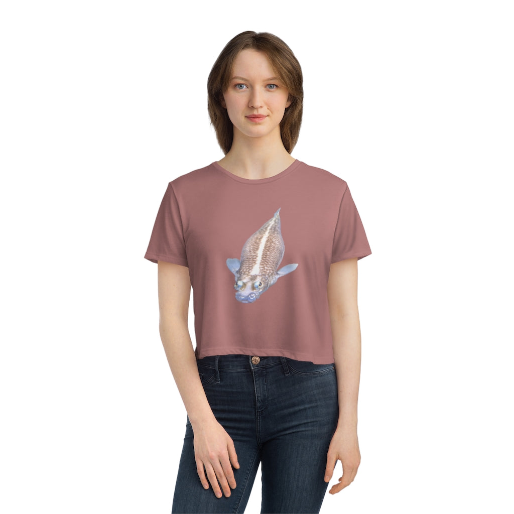 Koi Fish Women's Flowy Cropped Tee featuring a soft fabric blend and stylish design.