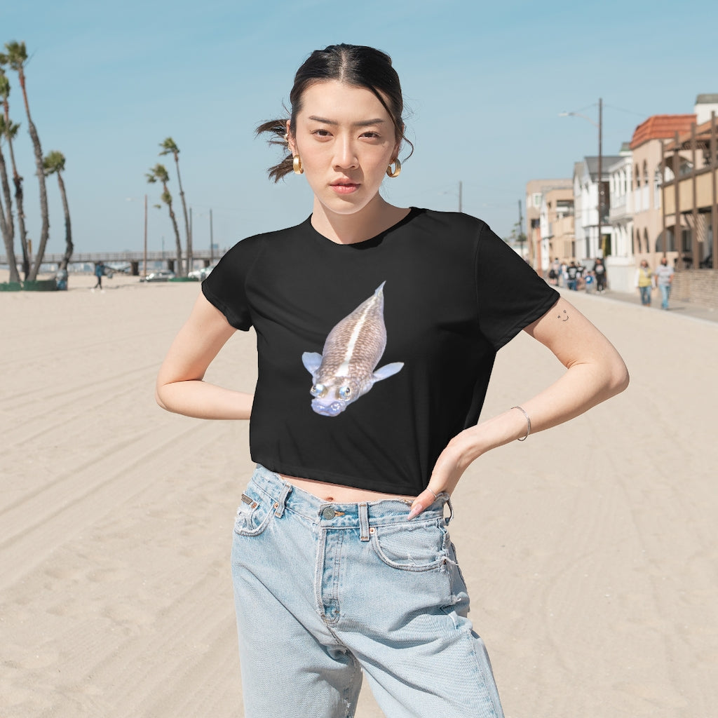 Koi Fish Women's Flowy Cropped Tee featuring a soft fabric blend and stylish design.