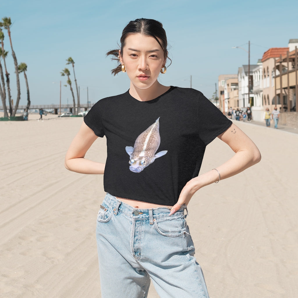 Koi Fish Women's Flowy Cropped Tee featuring a soft fabric blend and stylish design.