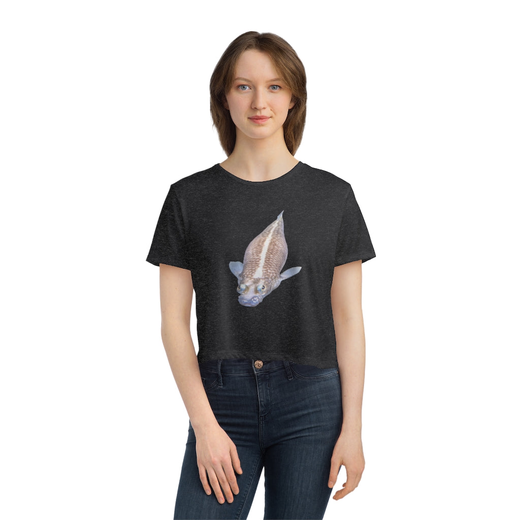 Koi Fish Women's Flowy Cropped Tee featuring a soft fabric blend and stylish design.