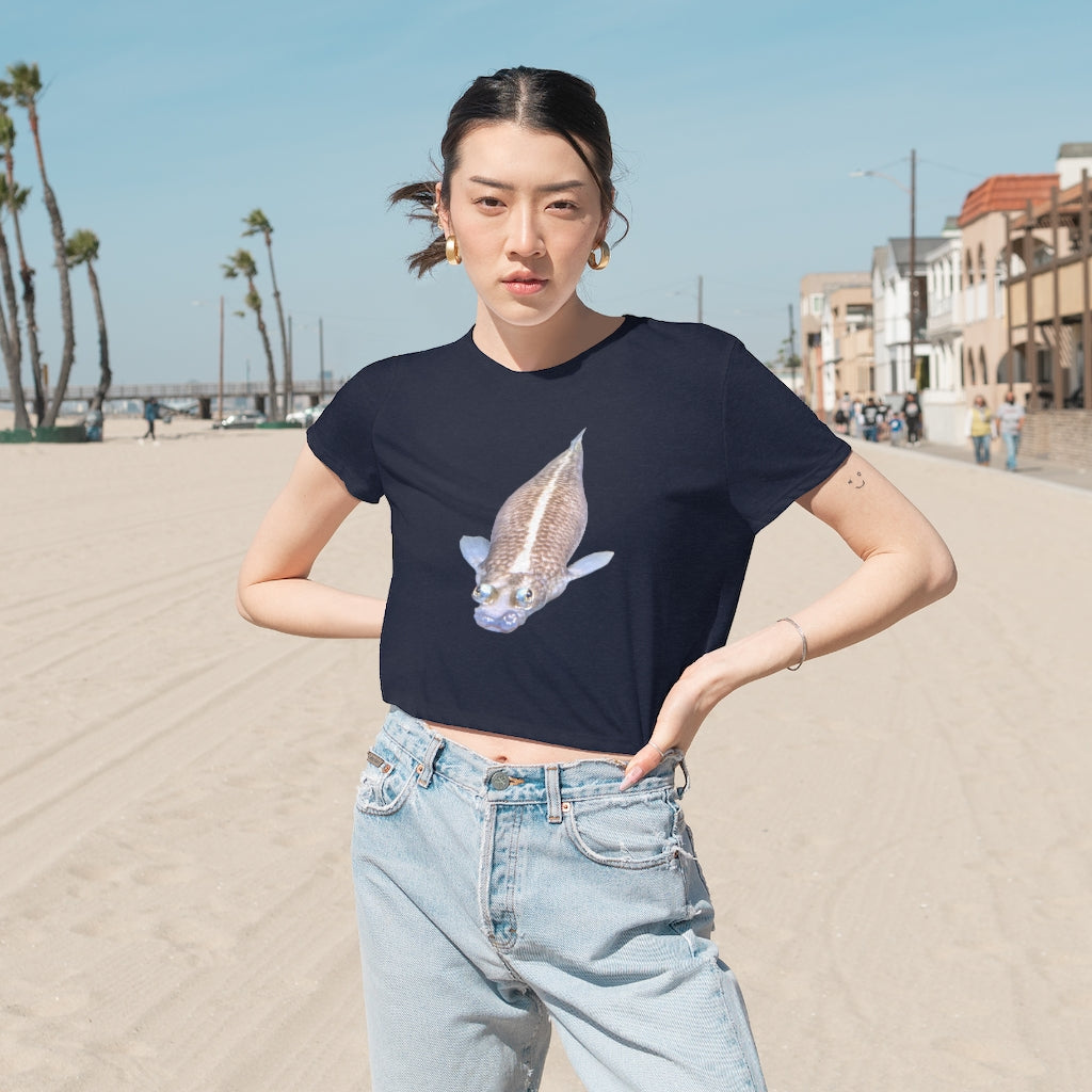 Koi Fish Women's Flowy Cropped Tee featuring a soft fabric blend and stylish design.