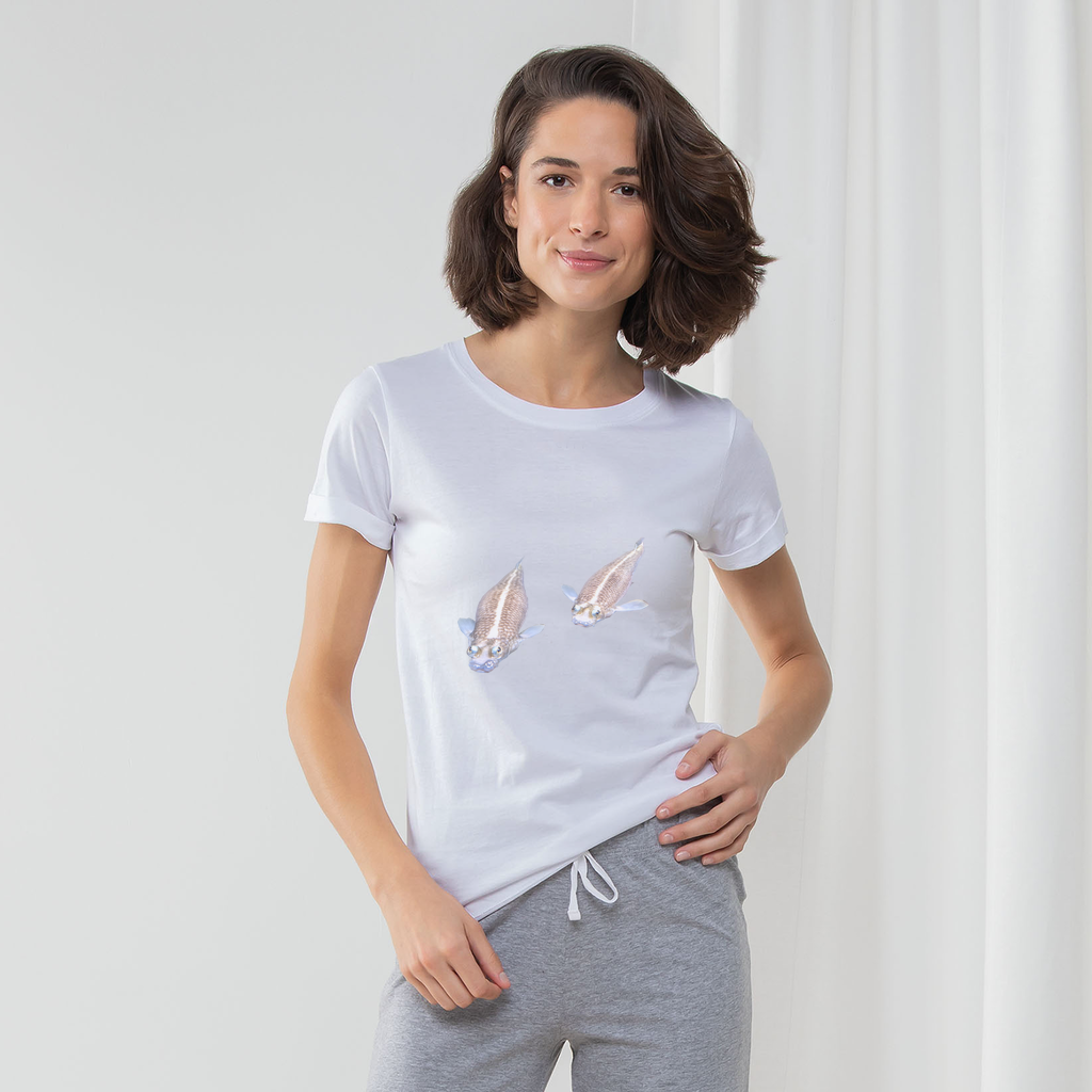 Koi Fish Women's Long Pant Pyjama Set featuring a white t-shirt, striped pants, and matching drawcord bag, perfect for lounging.