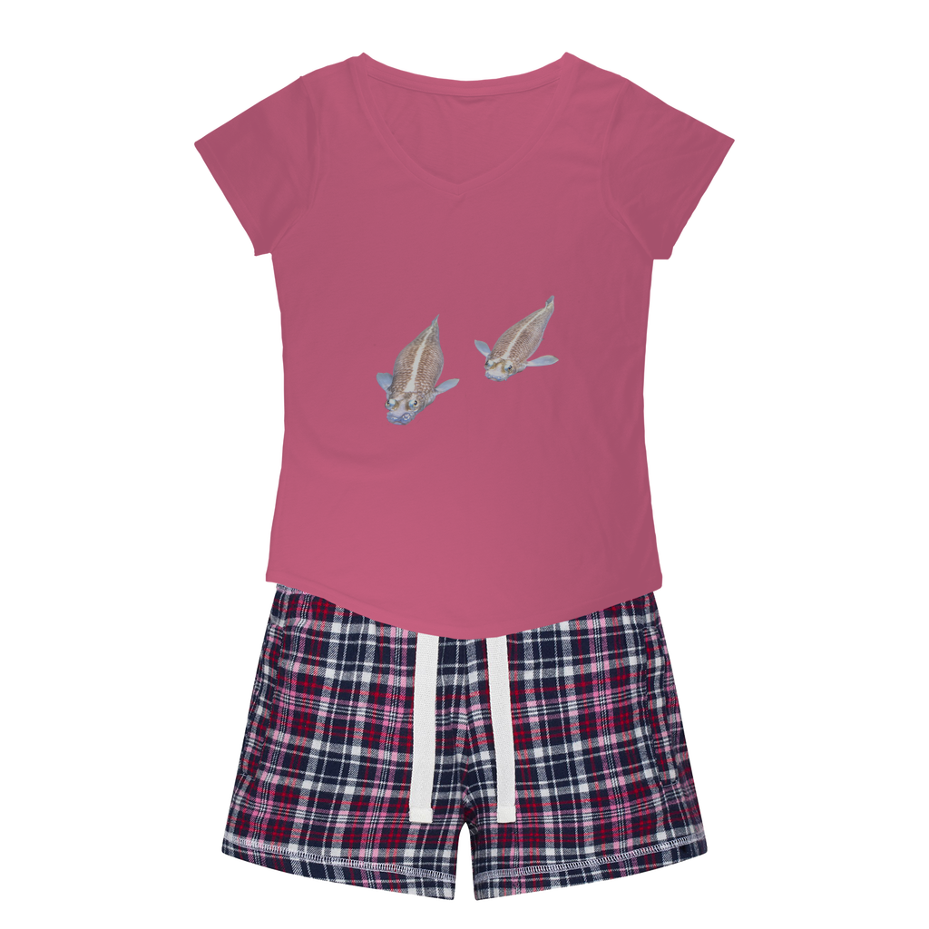 Koi Fish Women's Sleepy Tee and Flannel Short set featuring a relaxed fit T-shirt and vibrant flannel shorts, perfect for cozy nights.