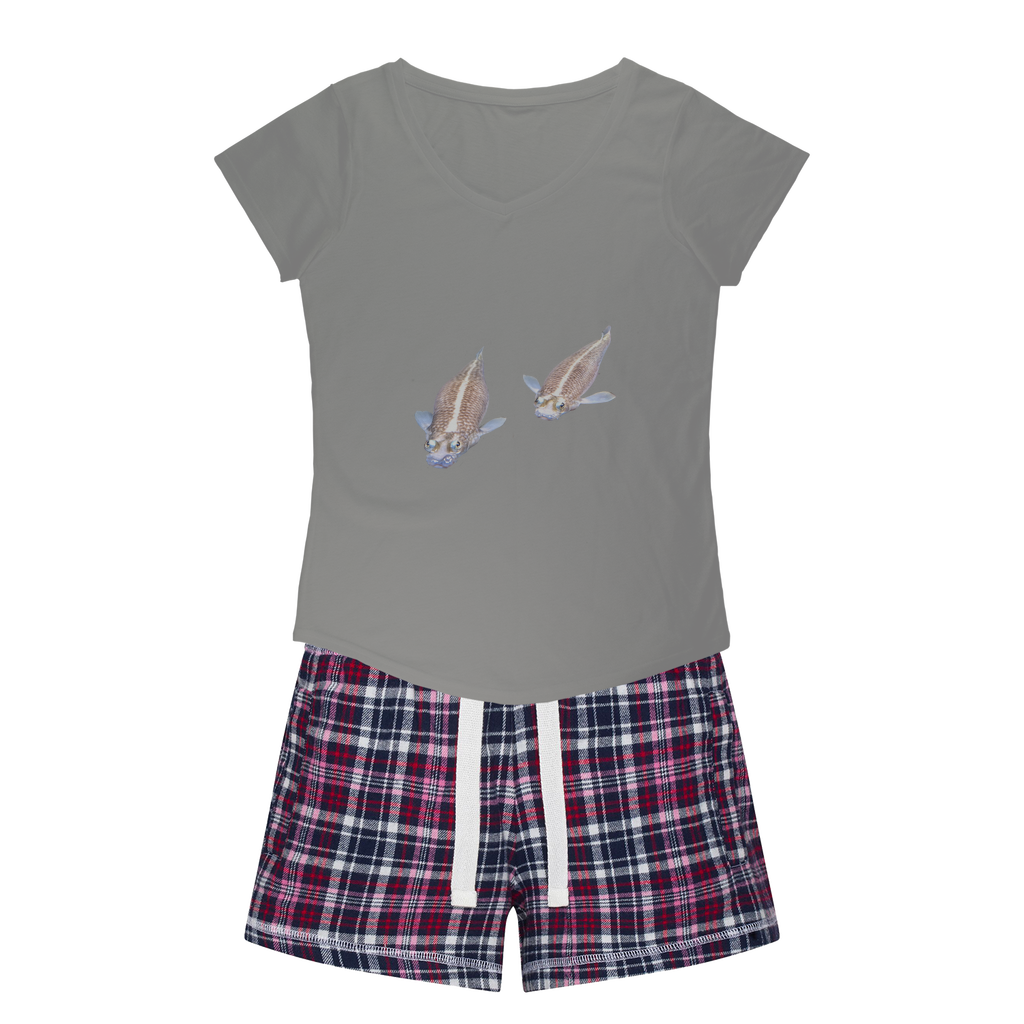 Koi Fish Women's Sleepy Tee and Flannel Short set featuring a relaxed fit T-shirt and vibrant flannel shorts, perfect for cozy nights.