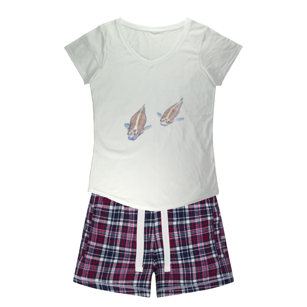 Koi Fish Women's Sleepy Tee and Flannel Short set featuring a relaxed fit T-shirt and vibrant flannel shorts, perfect for cozy nights.