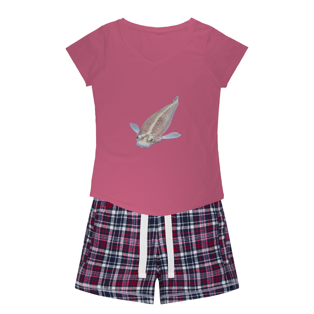 Koi Fish Women's Sleepy Tee and Flannel Short set featuring a relaxed fit T-shirt and vibrant flannel shorts, perfect for cozy nights.