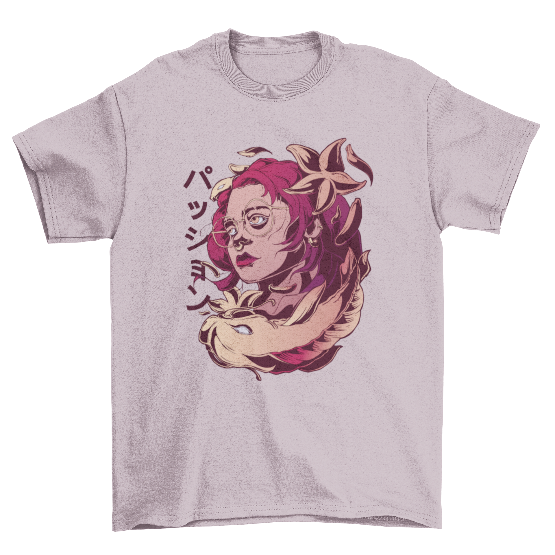 A stylish Koi woman t-shirt featuring a unique design of a woman intertwined with a koi fish, perfect for fashion enthusiasts.