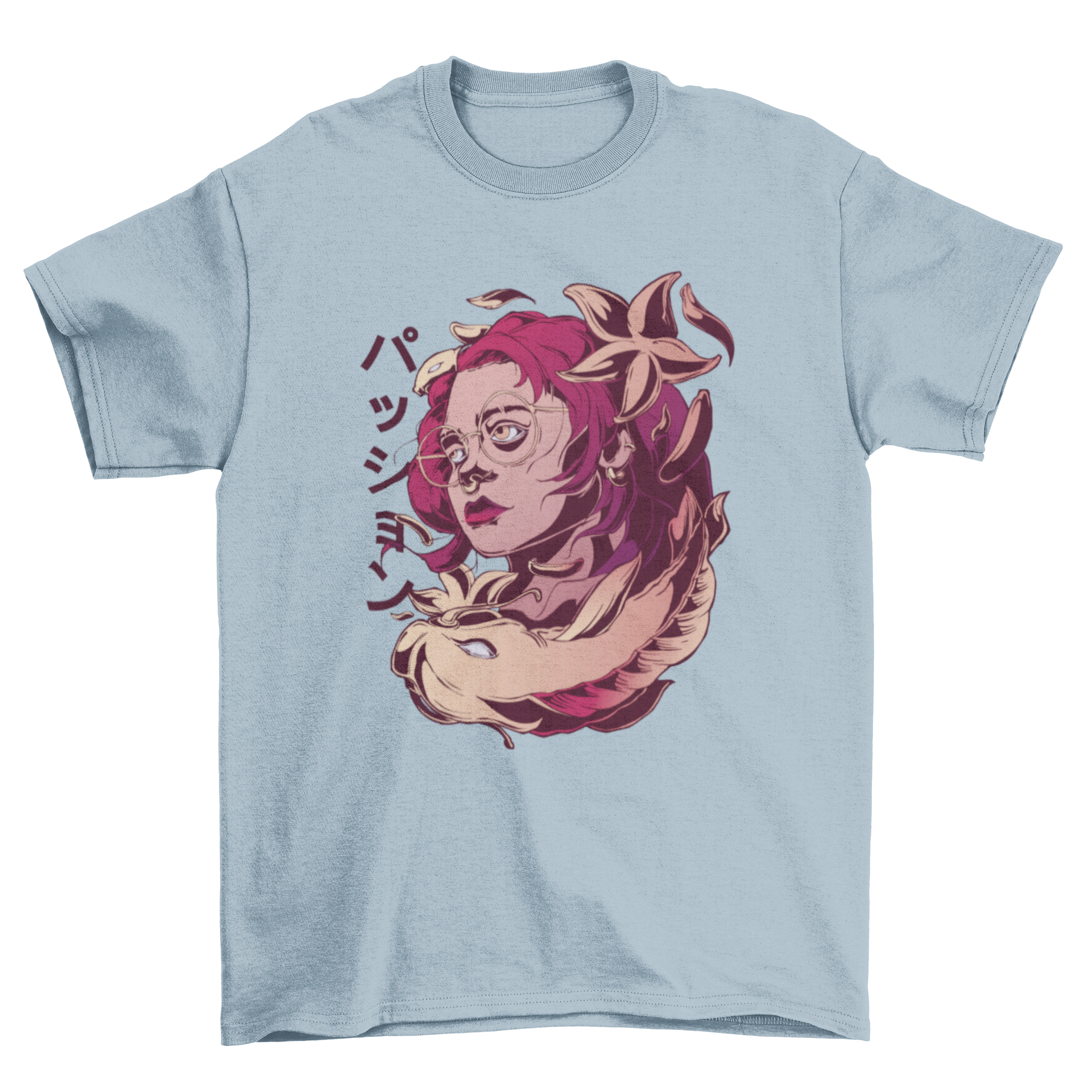 A stylish Koi woman t-shirt featuring a unique design of a woman intertwined with a koi fish, perfect for fashion enthusiasts.