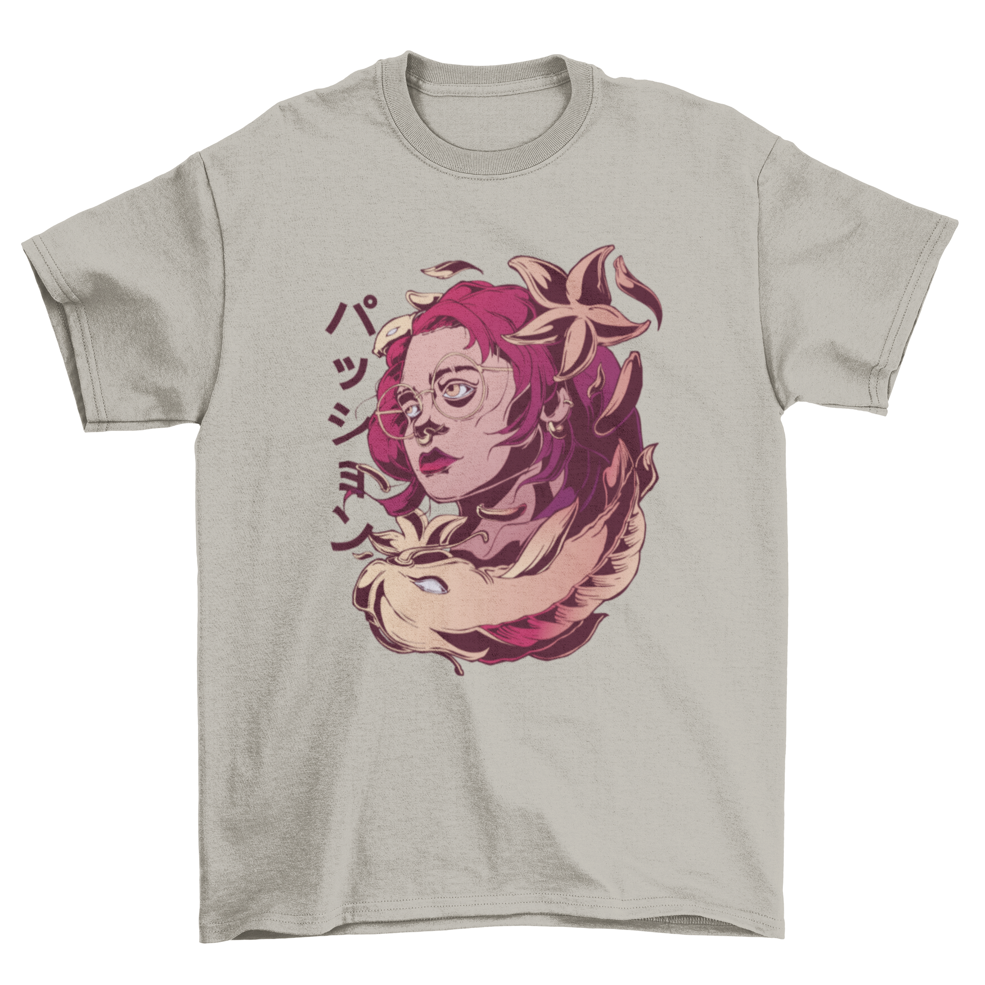 A stylish Koi woman t-shirt featuring a unique design of a woman intertwined with a koi fish, perfect for fashion enthusiasts.