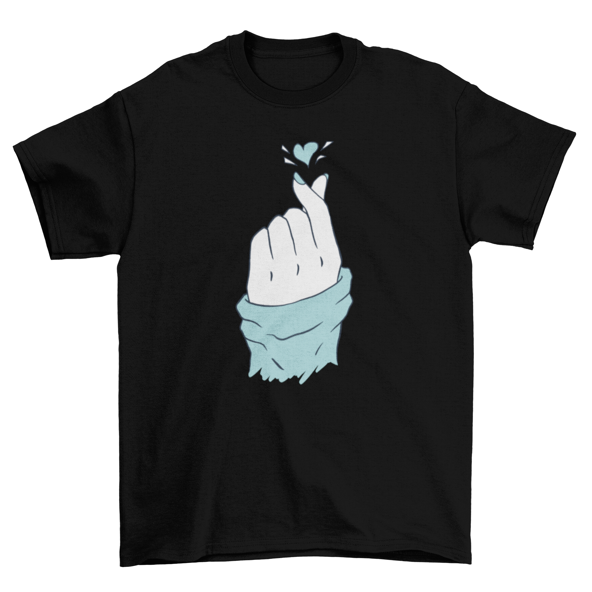 Korean heart hand t-shirt featuring a hand making the heart sign, showcasing a stylish design.