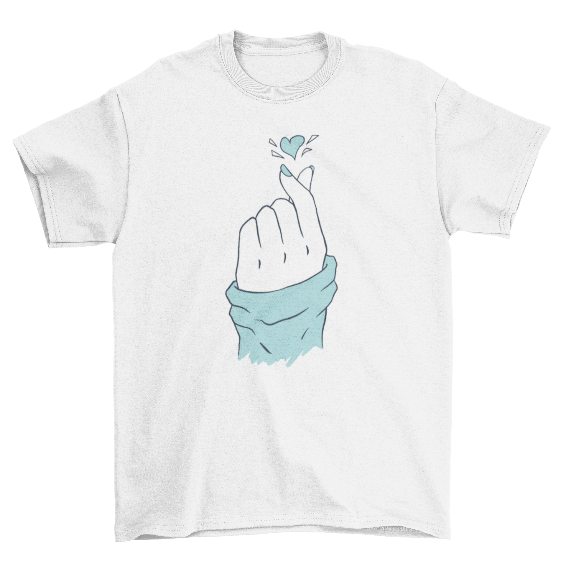 Korean heart hand t-shirt featuring a hand making the heart sign, showcasing a stylish design.