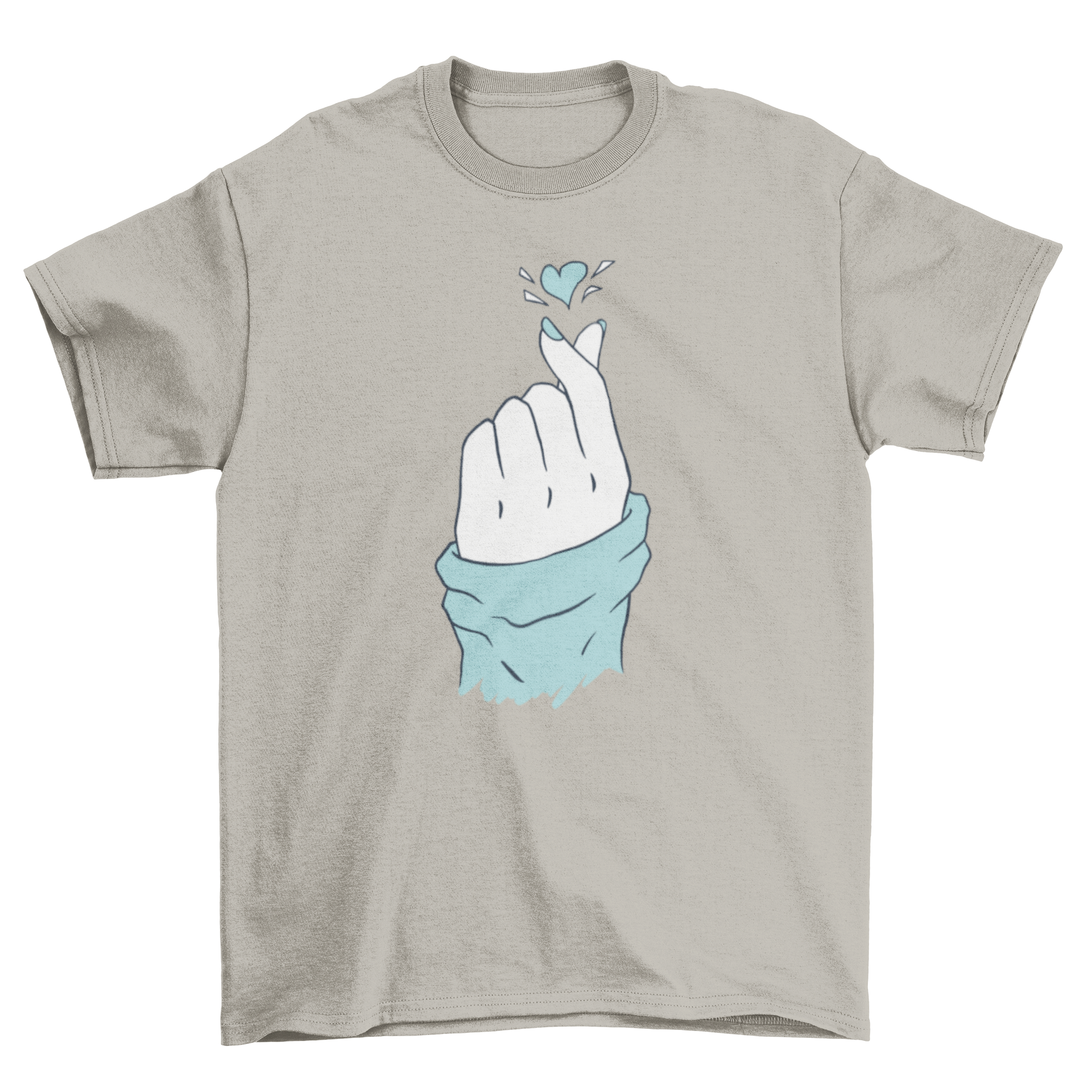 Korean heart hand t-shirt featuring a hand making the heart sign, showcasing a stylish design.