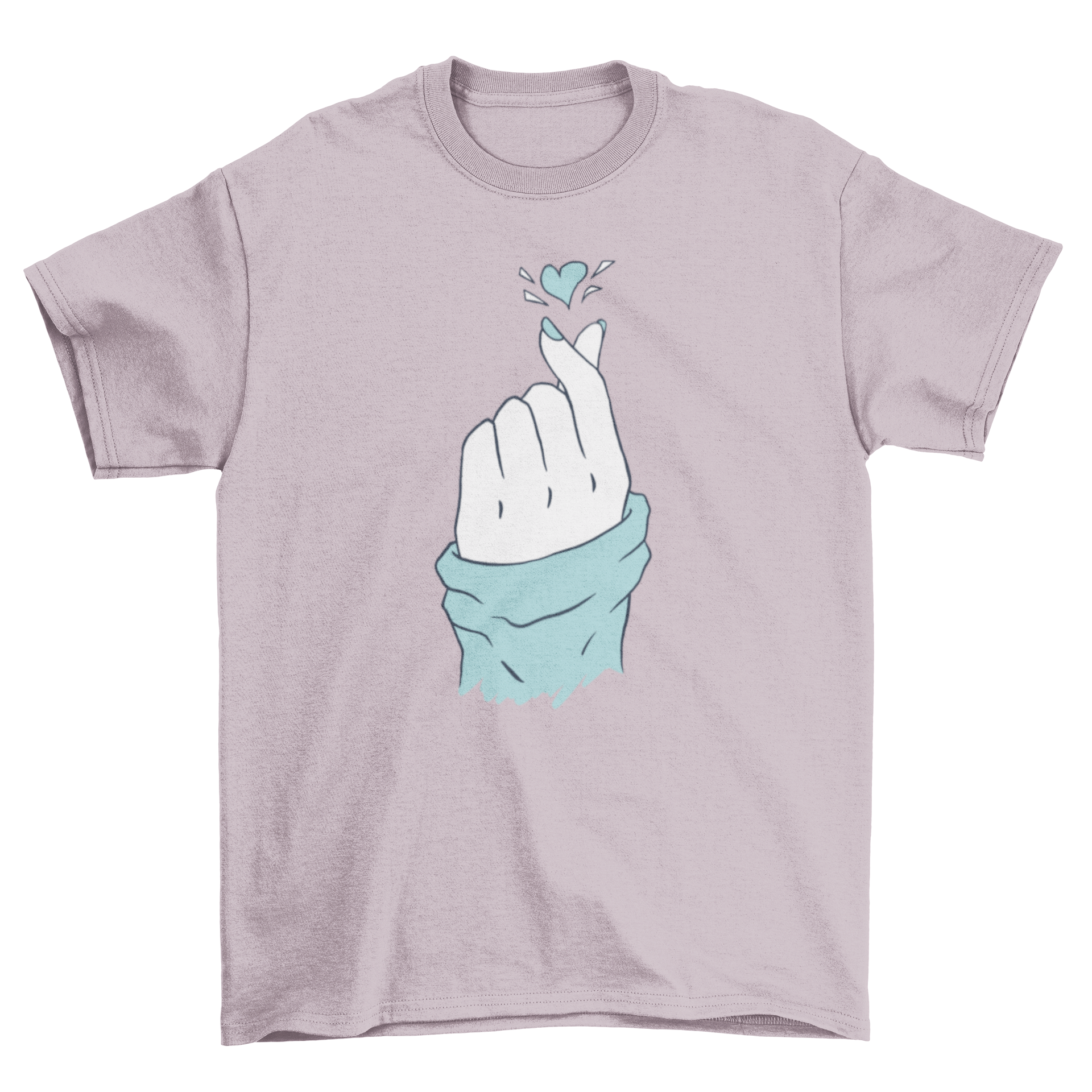 Korean heart hand t-shirt featuring a hand making the heart sign, showcasing a stylish design.