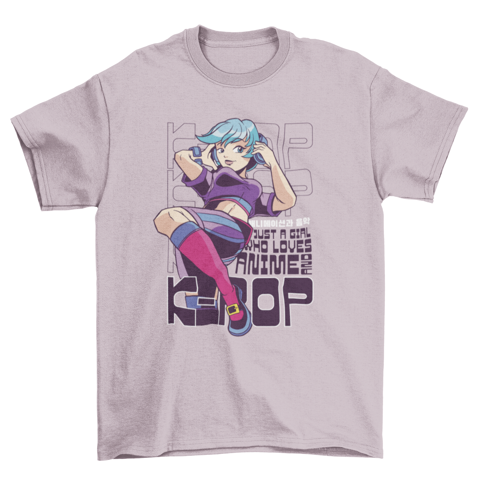 K-pop and anime girl quote t-shirt featuring a stylish girl character and the quote 'Just a girl who loves anime and K-pop'.