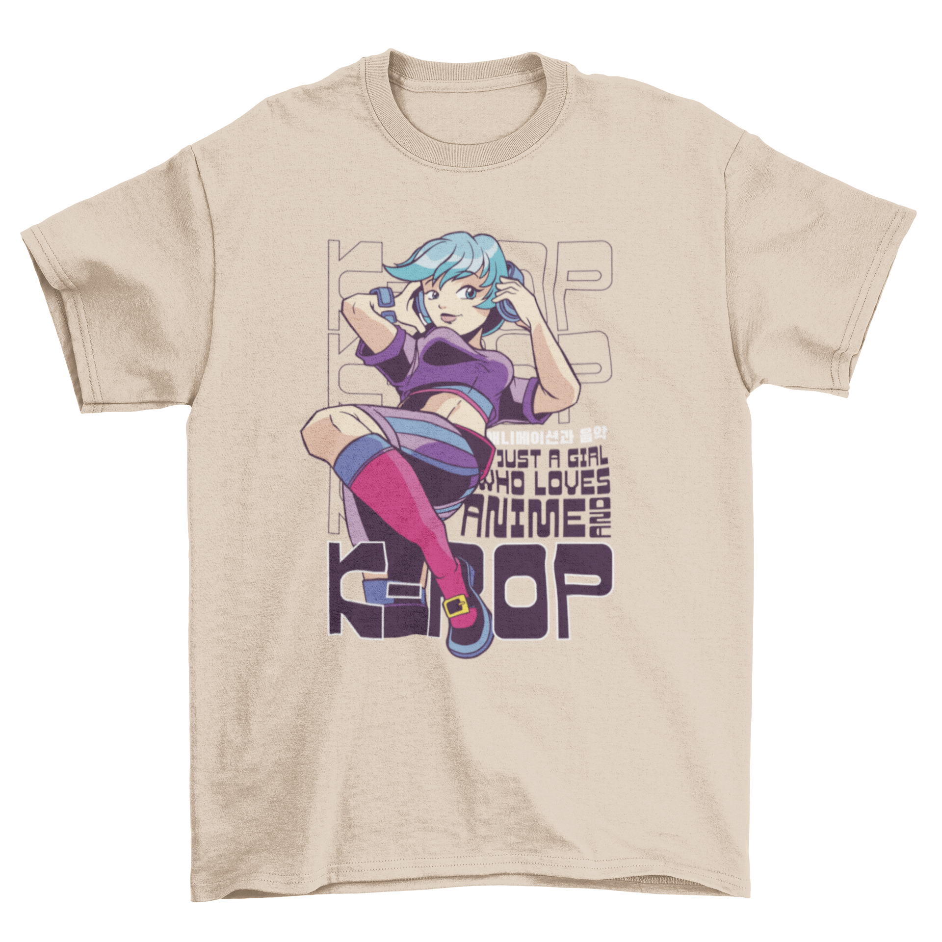 K-pop and anime girl quote t-shirt featuring a stylish girl character and the quote 'Just a girl who loves anime and K-pop'.